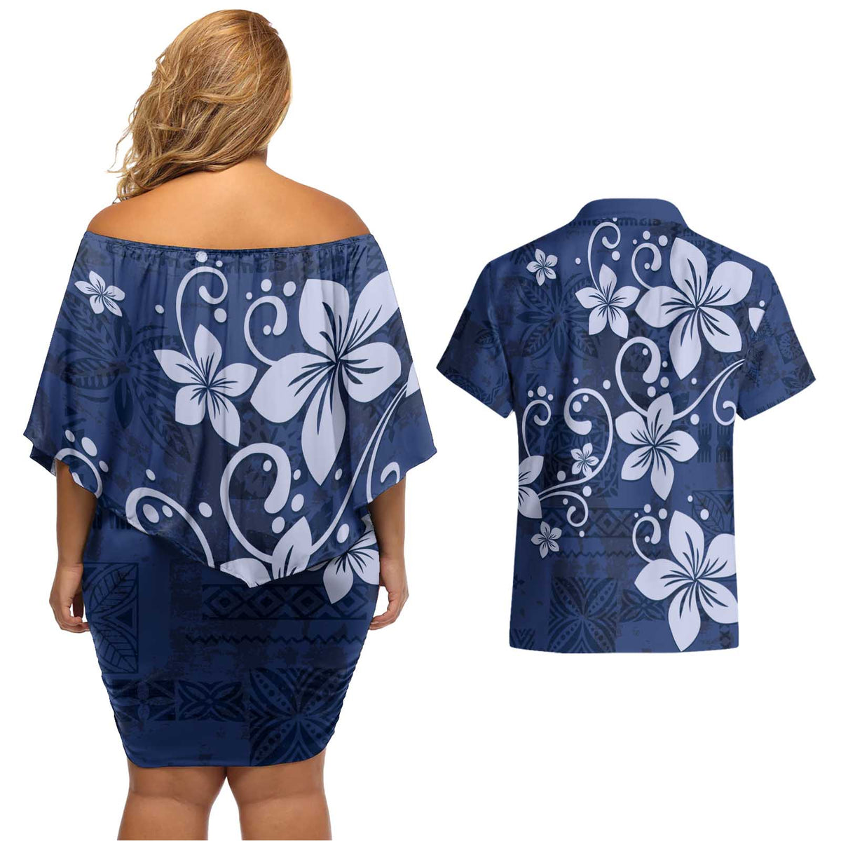 Plumeria Floral Tapa Pattern Navy Blue Couples Matching Off Shoulder Short Dress and Hawaiian Shirt LT01 - Polynesian Pride