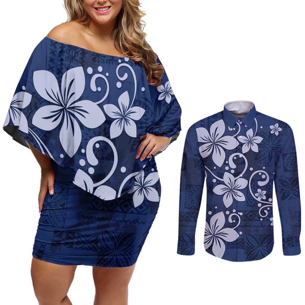 Plumeria Floral Tapa Pattern Navy Blue Couples Matching Off Shoulder Short Dress and Long Sleeve Button Shirt LT01 Blue - Polynesian Pride