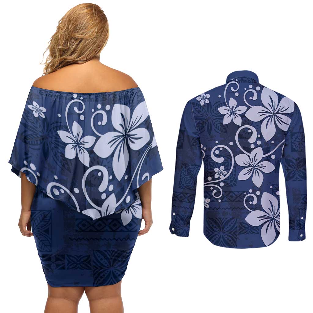 Plumeria Floral Tapa Pattern Navy Blue Couples Matching Off Shoulder Short Dress and Long Sleeve Button Shirt LT01 - Polynesian Pride