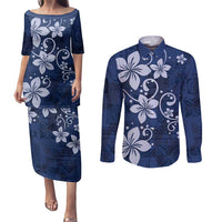 Plumeria Floral Tapa Pattern Navy Blue Couples Matching Puletasi and Long Sleeve Button Shirt LT01 Blue - Polynesian Pride