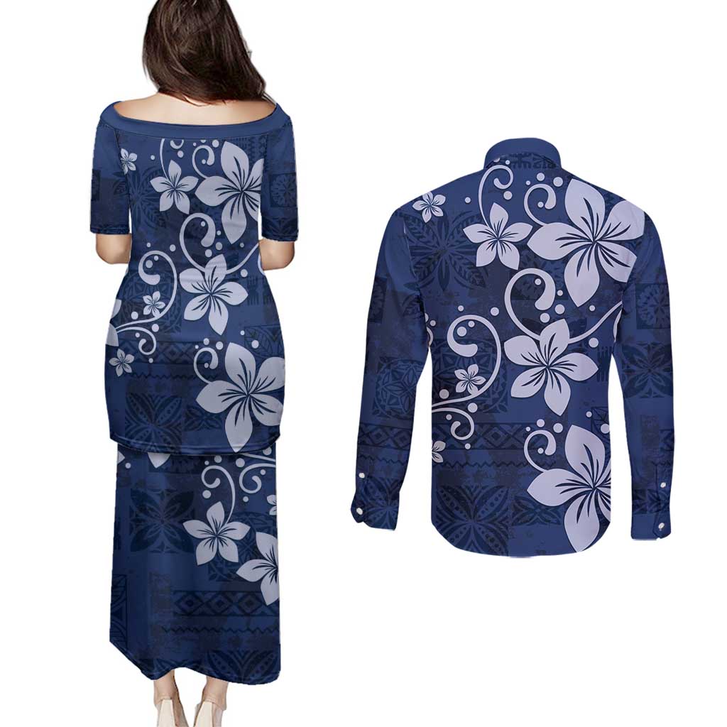 Plumeria Floral Tapa Pattern Navy Blue Couples Matching Puletasi and Long Sleeve Button Shirt LT01 - Polynesian Pride