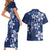 Plumeria Floral Tapa Pattern Navy Blue Couples Matching Short Sleeve Bodycon Dress and Hawaiian Shirt