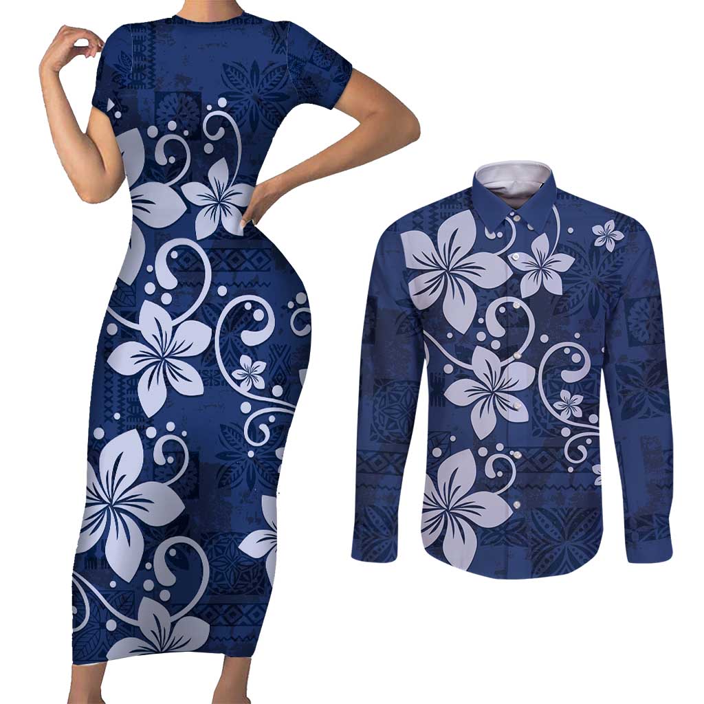 Plumeria Floral Tapa Pattern Navy Blue Couples Matching Short Sleeve Bodycon Dress and Long Sleeve Button Shirt LT01 Blue - Polynesian Pride