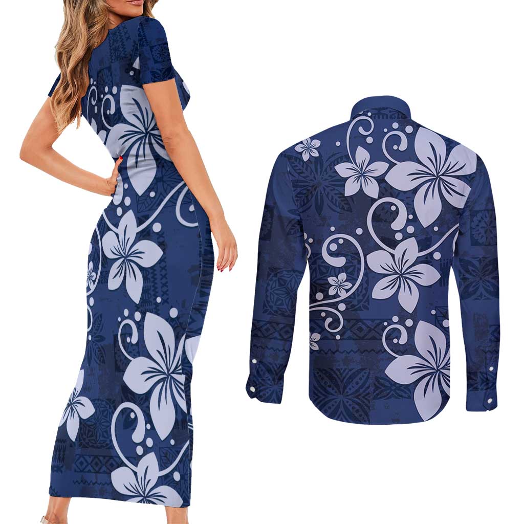Plumeria Floral Tapa Pattern Navy Blue Couples Matching Short Sleeve Bodycon Dress and Long Sleeve Button Shirt LT01 - Polynesian Pride