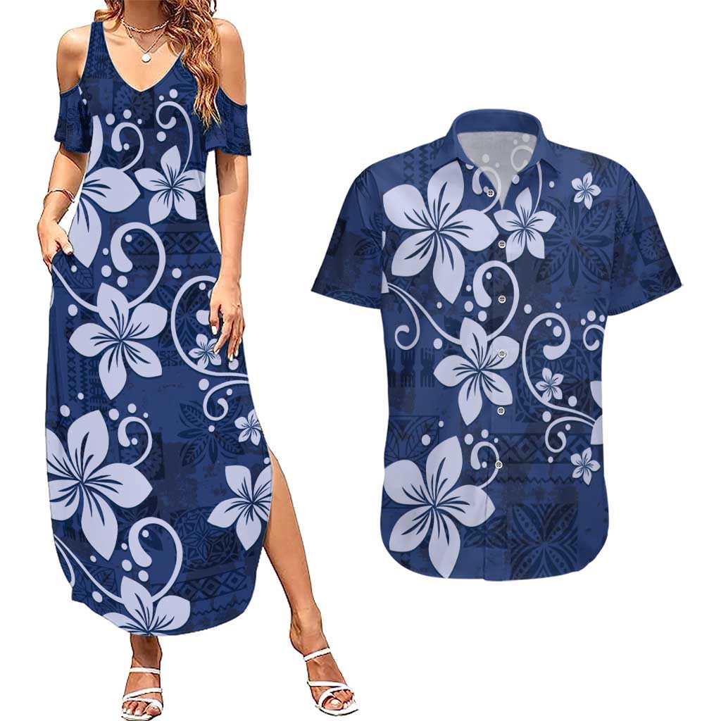 Plumeria Floral Tapa Pattern Navy Blue Couples Matching Summer Maxi Dress and Hawaiian Shirt LT01 Blue - Polynesian Pride