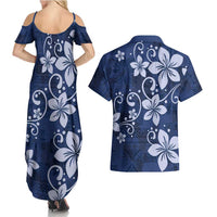 Plumeria Floral Tapa Pattern Navy Blue Couples Matching Summer Maxi Dress and Hawaiian Shirt LT01 - Polynesian Pride