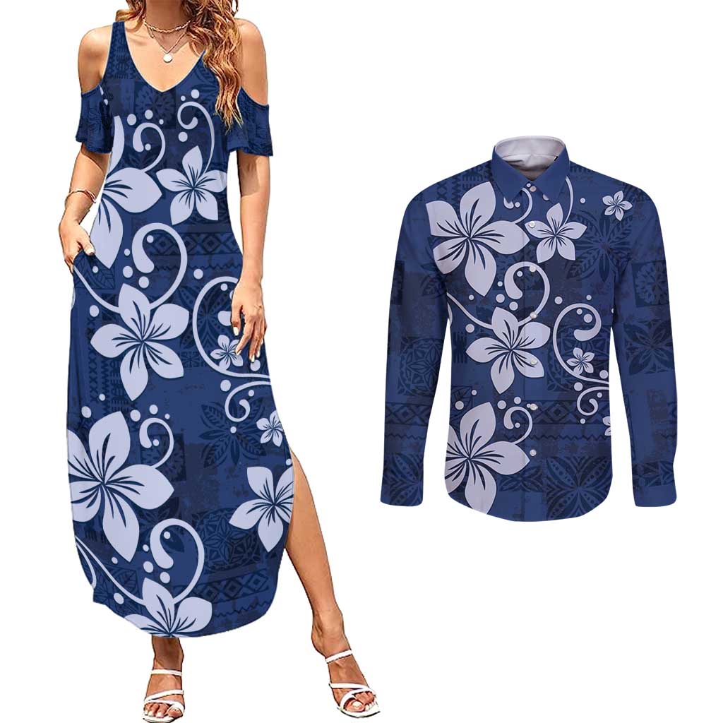 Plumeria Floral Tapa Pattern Navy Blue Couples Matching Summer Maxi Dress and Long Sleeve Button Shirt LT01 Blue - Polynesian Pride