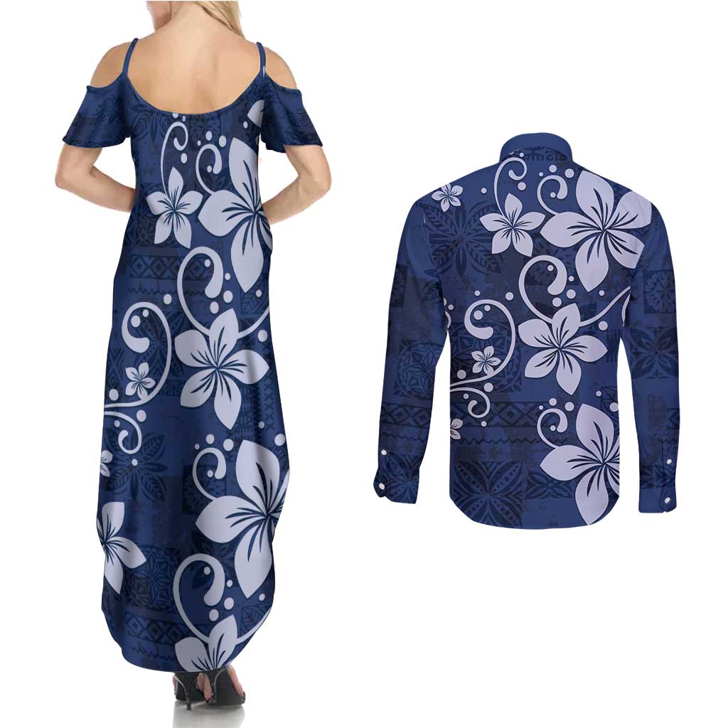 Plumeria Floral Tapa Pattern Navy Blue Couples Matching Summer Maxi Dress and Long Sleeve Button Shirt LT01 - Polynesian Pride