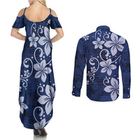 Plumeria Floral Tapa Pattern Navy Blue Couples Matching Summer Maxi Dress and Long Sleeve Button Shirt LT01 - Polynesian Pride