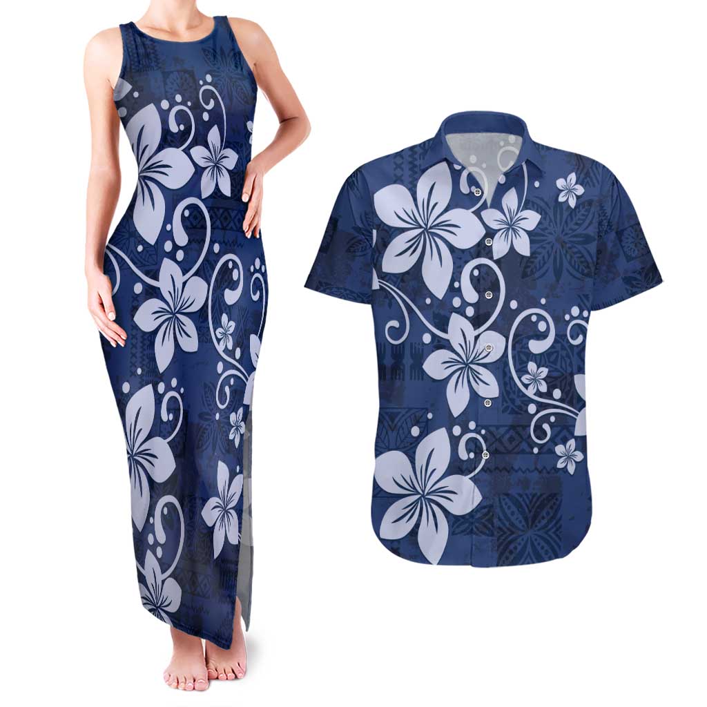 Plumeria Floral Tapa Pattern Navy Blue Couples Matching Tank Maxi Dress and Hawaiian Shirt LT01 Blue - Polynesian Pride