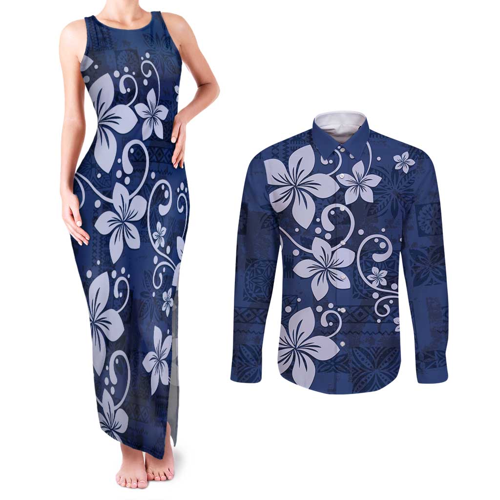 Plumeria Floral Tapa Pattern Navy Blue Couples Matching Tank Maxi Dress and Long Sleeve Button Shirt LT01 Blue - Polynesian Pride