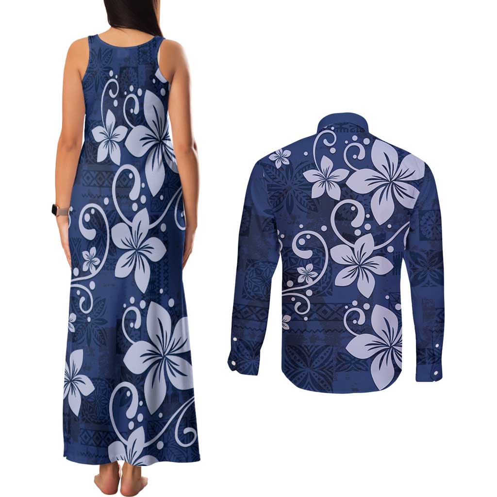 Plumeria Floral Tapa Pattern Navy Blue Couples Matching Tank Maxi Dress and Long Sleeve Button Shirt LT01 - Polynesian Pride