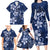 Plumeria Floral Tapa Pattern Navy Blue Family Matching Long Sleeve Bodycon Dress and Hawaiian Shirt