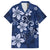 Plumeria Floral Tapa Pattern Navy Blue Family Matching Long Sleeve Bodycon Dress and Hawaiian Shirt