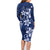 Plumeria Floral Tapa Pattern Navy Blue Family Matching Long Sleeve Bodycon Dress and Hawaiian Shirt