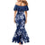 Plumeria Floral Tapa Pattern Navy Blue Family Matching Mermaid Dress and Hawaiian Shirt