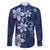 Plumeria Floral Tapa Pattern Navy Blue Family Matching Off The Shoulder Long Sleeve Dress and Hawaiian Shirt