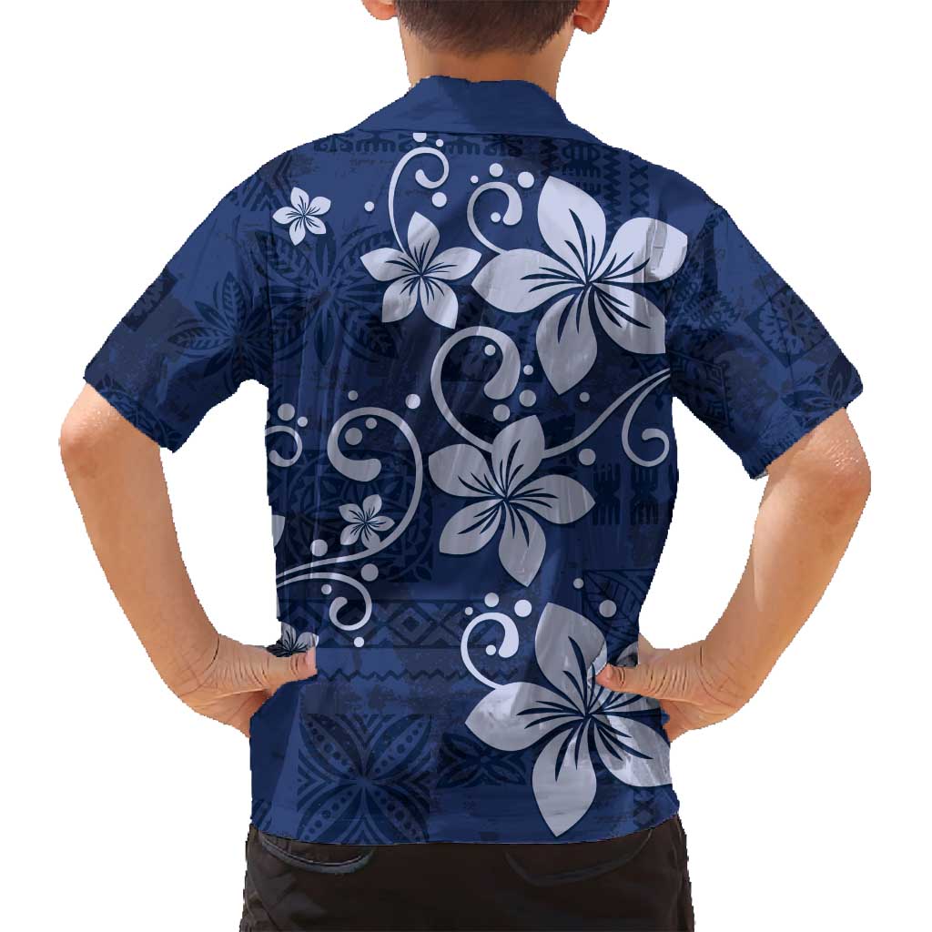 Plumeria Floral Tapa Pattern Navy Blue Family Matching Off Shoulder Maxi Dress and Hawaiian Shirt