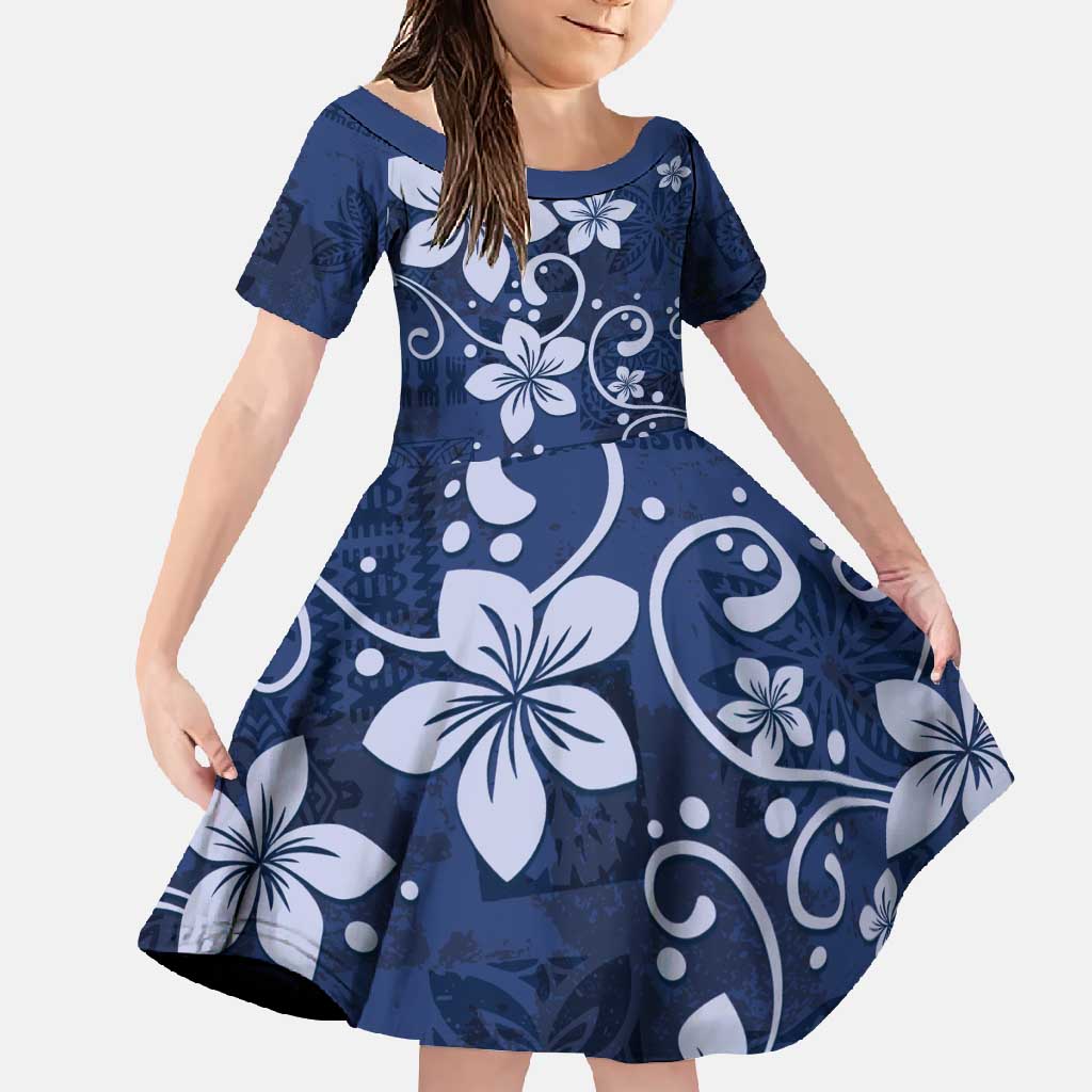 Plumeria Floral Tapa Pattern Navy Blue Family Matching Off Shoulder Maxi Dress and Hawaiian Shirt