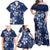 Plumeria Floral Tapa Pattern Navy Blue Family Matching Off Shoulder Maxi Dress and Hawaiian Shirt