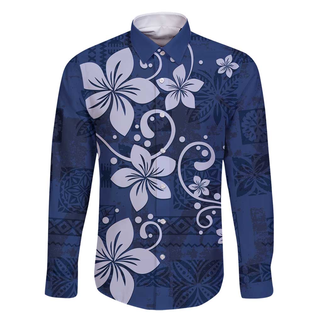Plumeria Floral Tapa Pattern Navy Blue Family Matching Off Shoulder Maxi Dress and Hawaiian Shirt