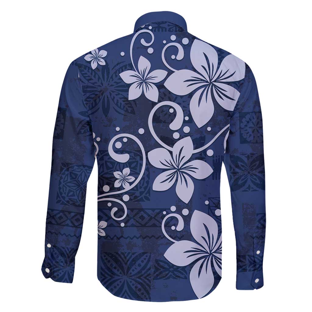 Plumeria Floral Tapa Pattern Navy Blue Family Matching Off Shoulder Maxi Dress and Hawaiian Shirt