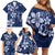 Plumeria Floral Tapa Pattern Navy Blue Family Matching Off Shoulder Short Dress and Hawaiian Shirt