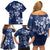 Plumeria Floral Tapa Pattern Navy Blue Family Matching Off Shoulder Short Dress and Hawaiian Shirt