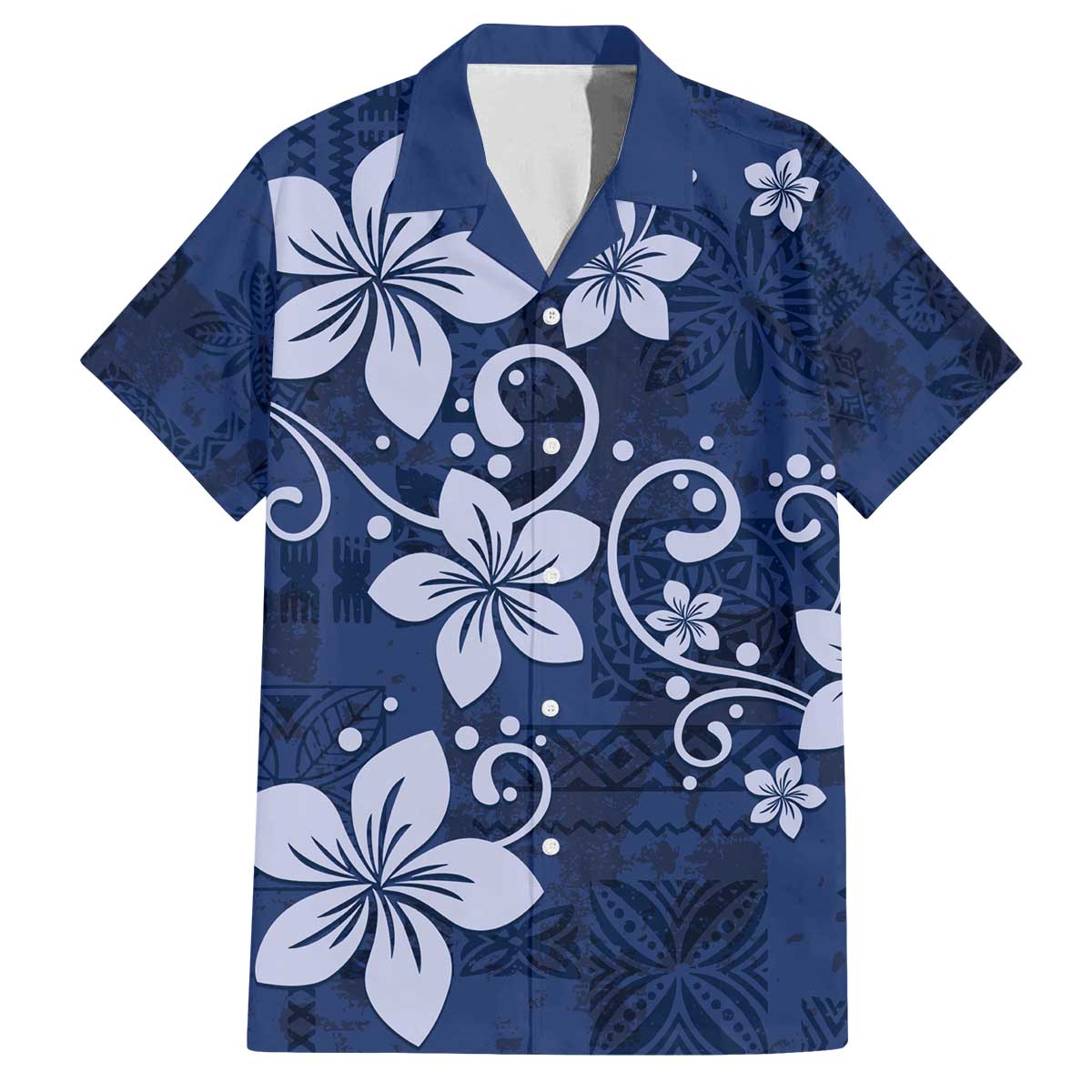 Plumeria Floral Tapa Pattern Navy Blue Family Matching Off Shoulder Short Dress and Hawaiian Shirt LT01 Dad's Shirt - Short Sleeve Blue - Polynesian Pride