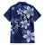 Plumeria Floral Tapa Pattern Navy Blue Family Matching Off Shoulder Short Dress and Hawaiian Shirt