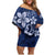 Plumeria Floral Tapa Pattern Navy Blue Family Matching Off Shoulder Short Dress and Hawaiian Shirt