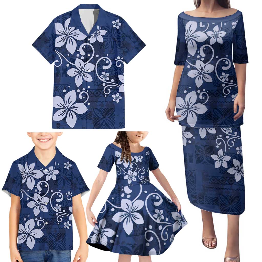 Plumeria Floral Tapa Pattern Navy Blue Family Matching Puletasi and Hawaiian Shirt