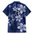 Plumeria Floral Tapa Pattern Navy Blue Family Matching Short Sleeve Bodycon Dress and Hawaiian Shirt