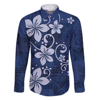 Plumeria Floral Tapa Pattern Navy Blue Family Matching Tank Maxi Dress and Hawaiian Shirt