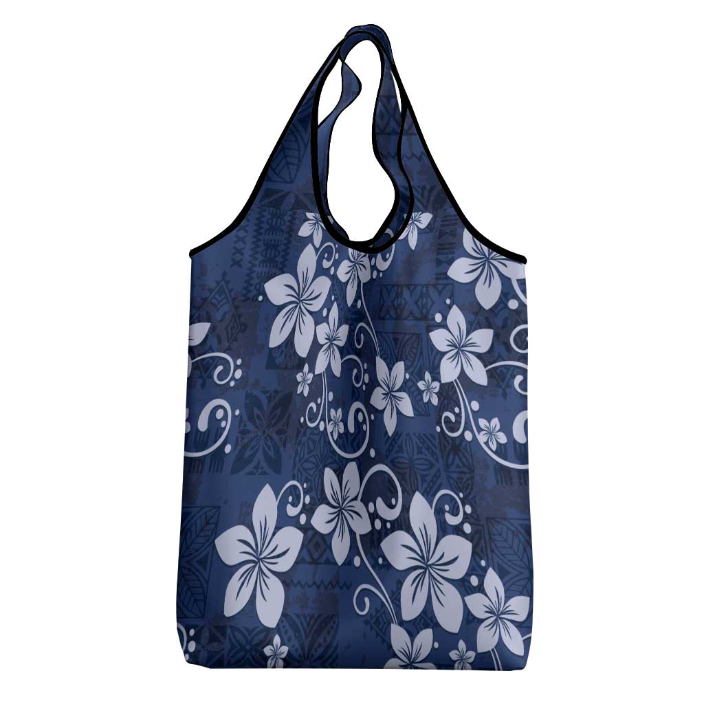 Plumeria Floral Tapa Pattern Navy Blue Grocery Bag LT01 - Polynesian Pride