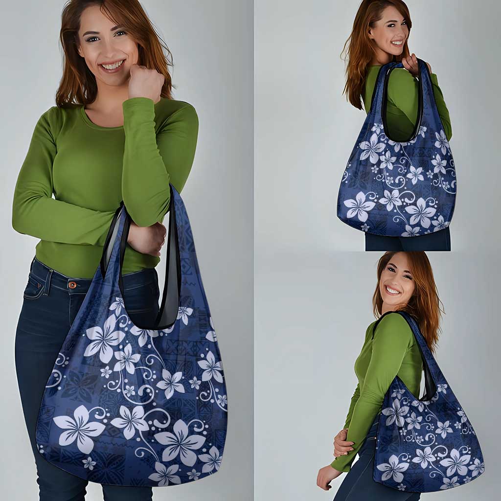 Plumeria Floral Tapa Pattern Navy Blue Grocery Bag LT01 - Polynesian Pride