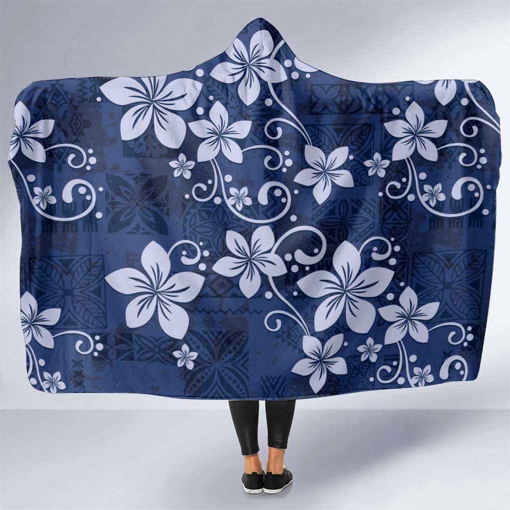Plumeria Floral Tapa Pattern Navy Blue Hooded Blanket LT01 One Size Blue - Polynesian Pride