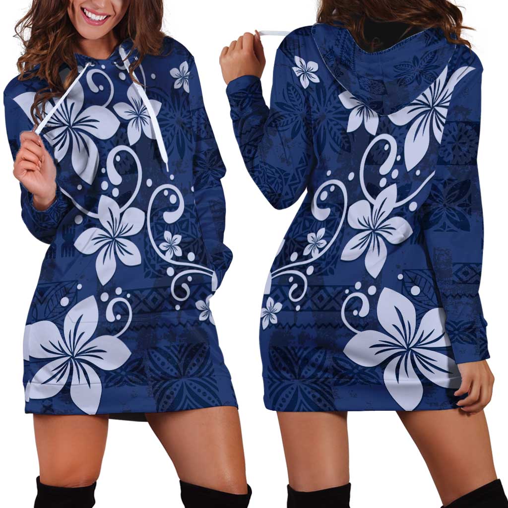 Plumeria Floral Tapa Pattern Navy Blue Hoodie Dress LT01 - Polynesian Pride