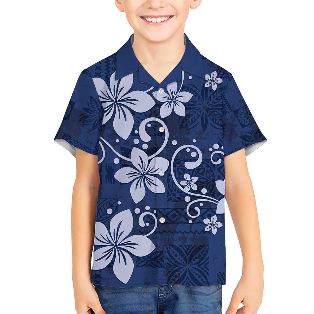 Plumeria Floral Tapa Pattern Navy Blue Kid Hawaiian Shirt