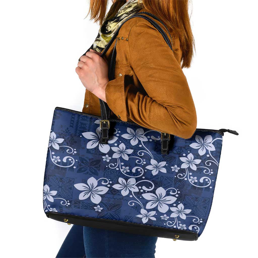 Plumeria Floral Tapa Pattern Navy Blue Leather Tote Bag