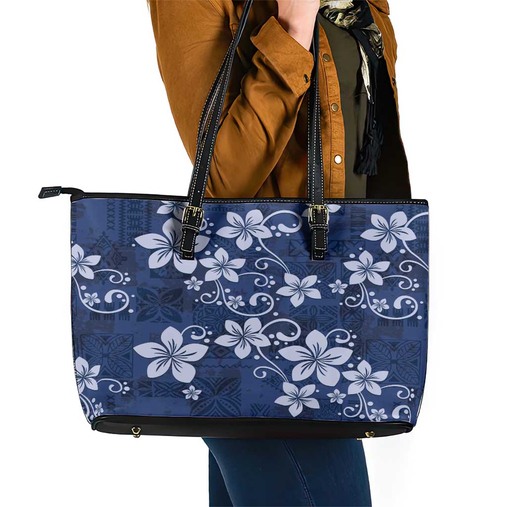 Plumeria Floral Tapa Pattern Navy Blue Leather Tote Bag LT01 - Polynesian Pride