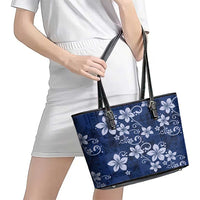 Plumeria Floral Tapa Pattern Navy Blue Leather Tote Bag LT01 - Polynesian Pride