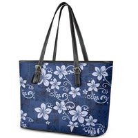 Plumeria Floral Tapa Pattern Navy Blue Leather Tote Bag LT01 - Polynesian Pride