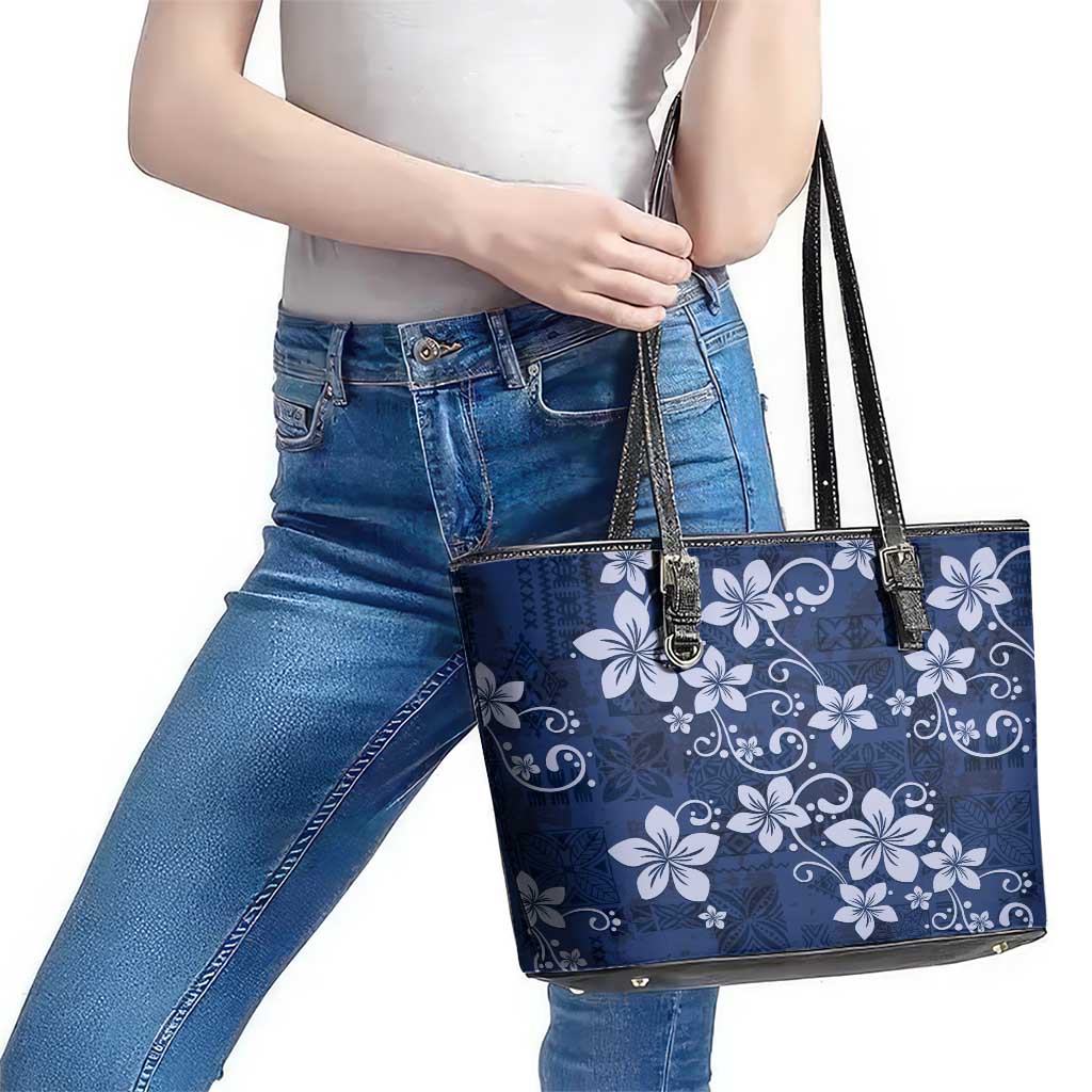 Plumeria Floral Tapa Pattern Navy Blue Leather Tote Bag LT01 - Polynesian Pride