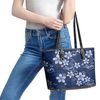 Plumeria Floral Tapa Pattern Navy Blue Leather Tote Bag LT01 - Polynesian Pride