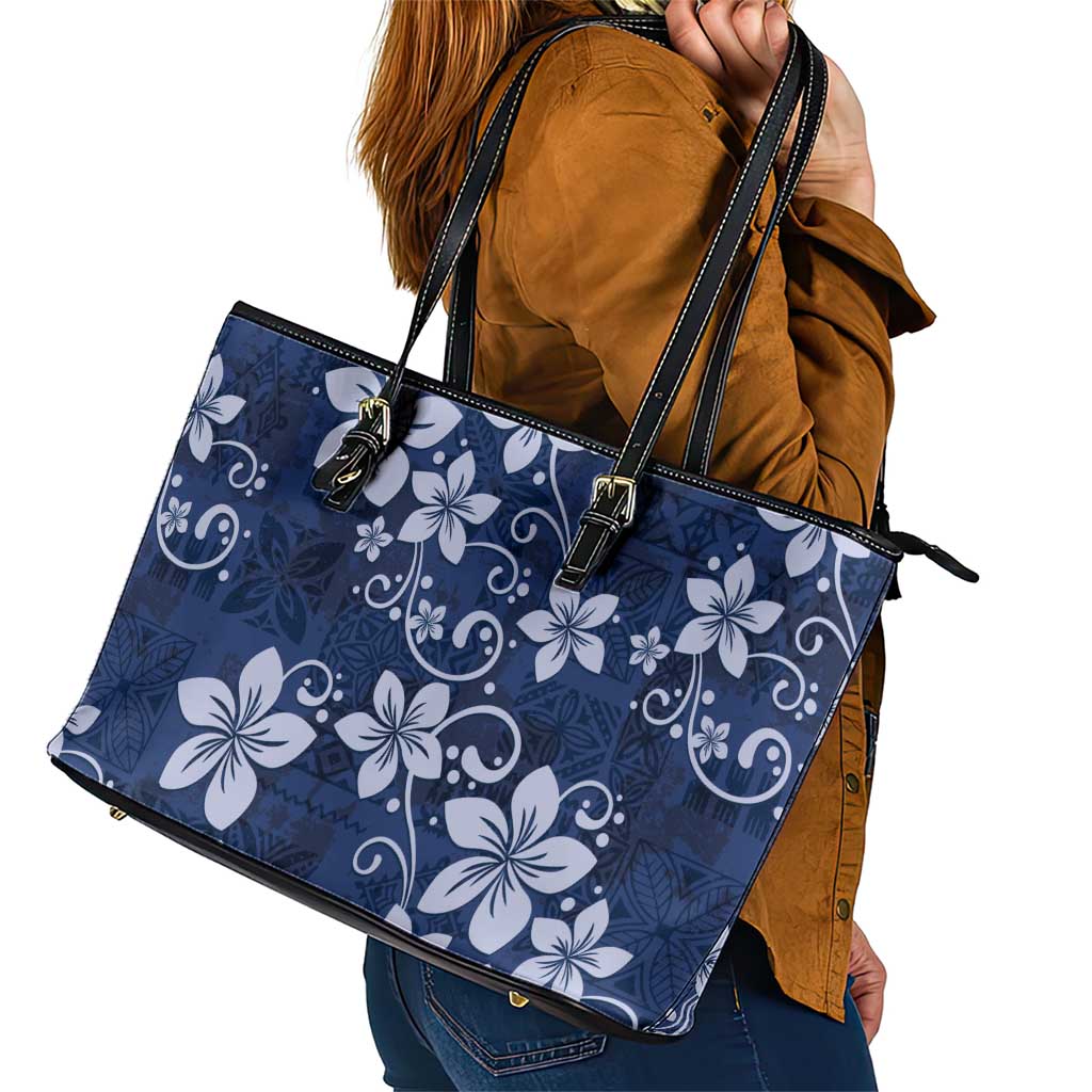 Plumeria Floral Tapa Pattern Navy Blue Leather Tote Bag LT01 - Polynesian Pride