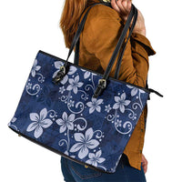 Plumeria Floral Tapa Pattern Navy Blue Leather Tote Bag LT01 - Polynesian Pride