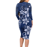 Plumeria Floral Tapa Pattern Navy Blue Long Sleeve Bodycon Dress