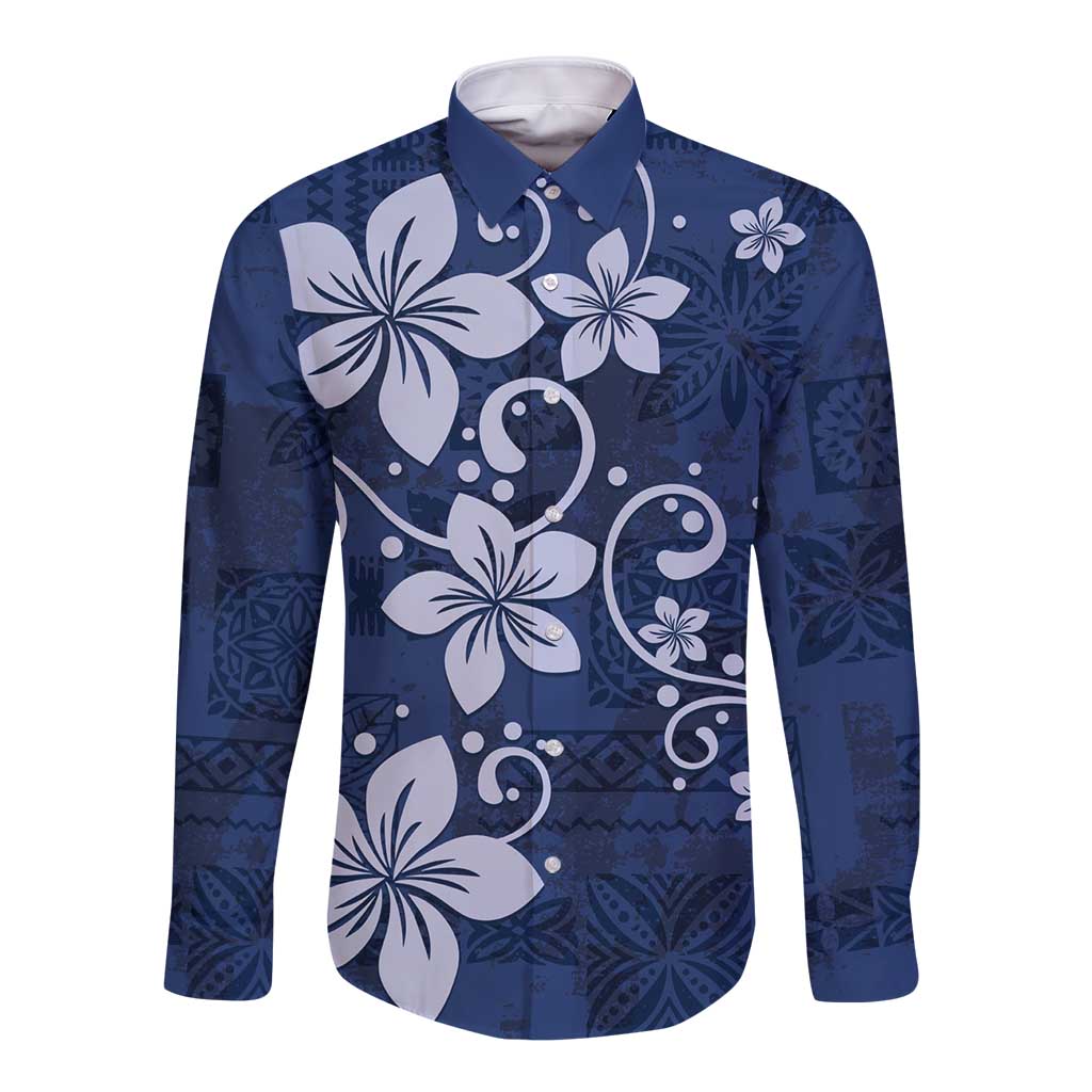 Plumeria Floral Tapa Pattern Navy Blue Long Sleeve Button Shirt