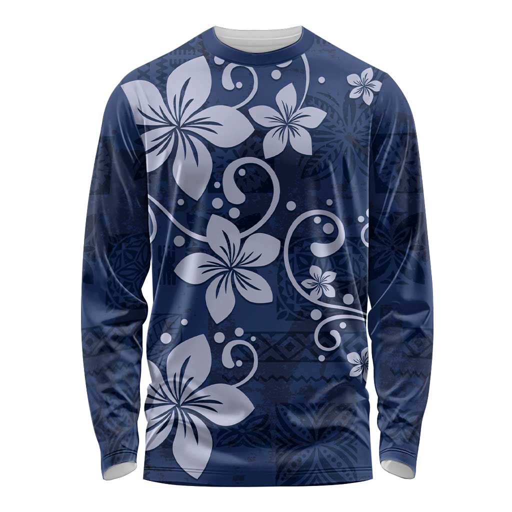 Plumeria Floral Tapa Pattern Navy Blue Long Sleeve Shirt